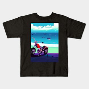 RETRO STYLE MOTORCYCLE AT THE BEACH Kids T-Shirt